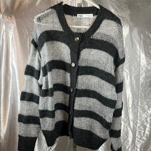 Zara Women's Striped Black and Gray Cardigan